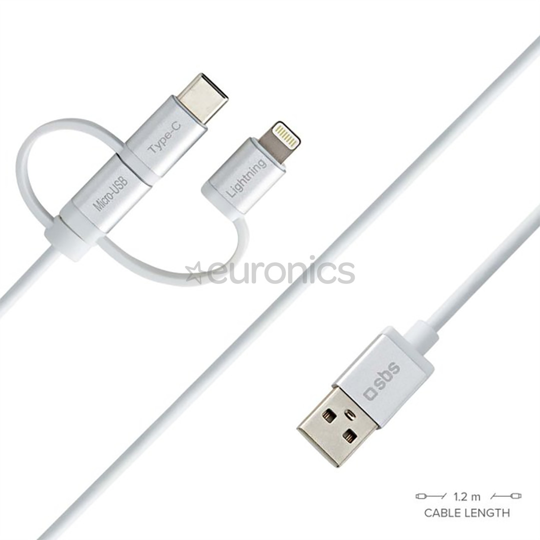 SBS, USB-A - USB-C, Micro USB, Lightning, 1,2 m, hall - Kaabel