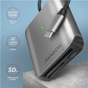 AXAGON CRE-S3C SuperSpeed USB-C UHS-II Reader, tumehall - Mälukaardilugeja