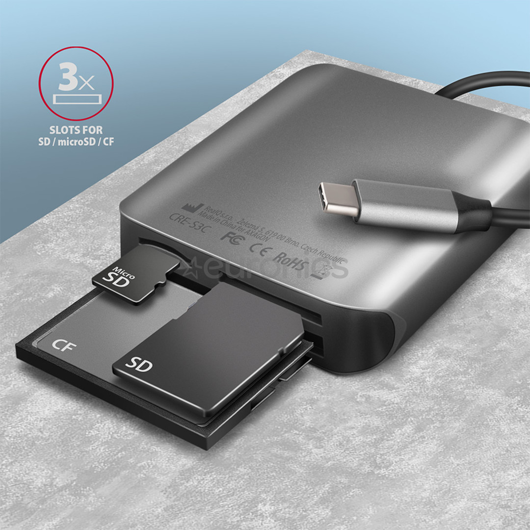 AXAGON CRE-S3C SuperSpeed USB-C UHS-II Reader, tumehall - Mälukaardilugeja