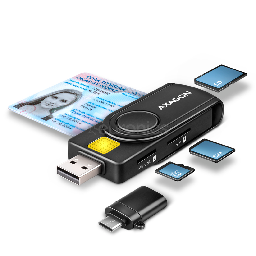 AXAGON CRE-SMP2A, USB-A, USB-C, memory card reader, black - Smart card reader