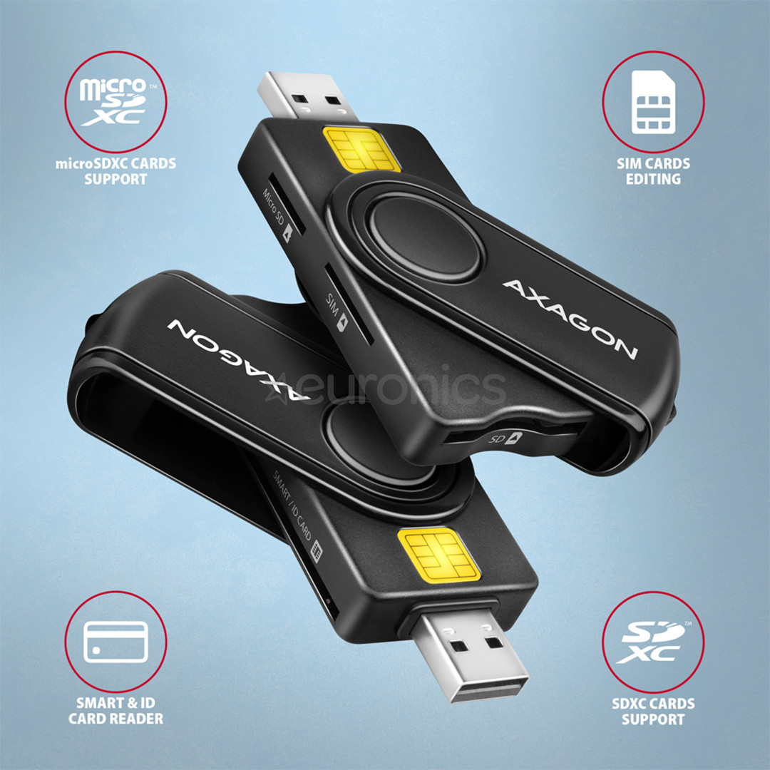 AXAGON CRE-SMP2A, USB-A, USB-C, mälukaardilugeja, must - ID-kaardilugeja