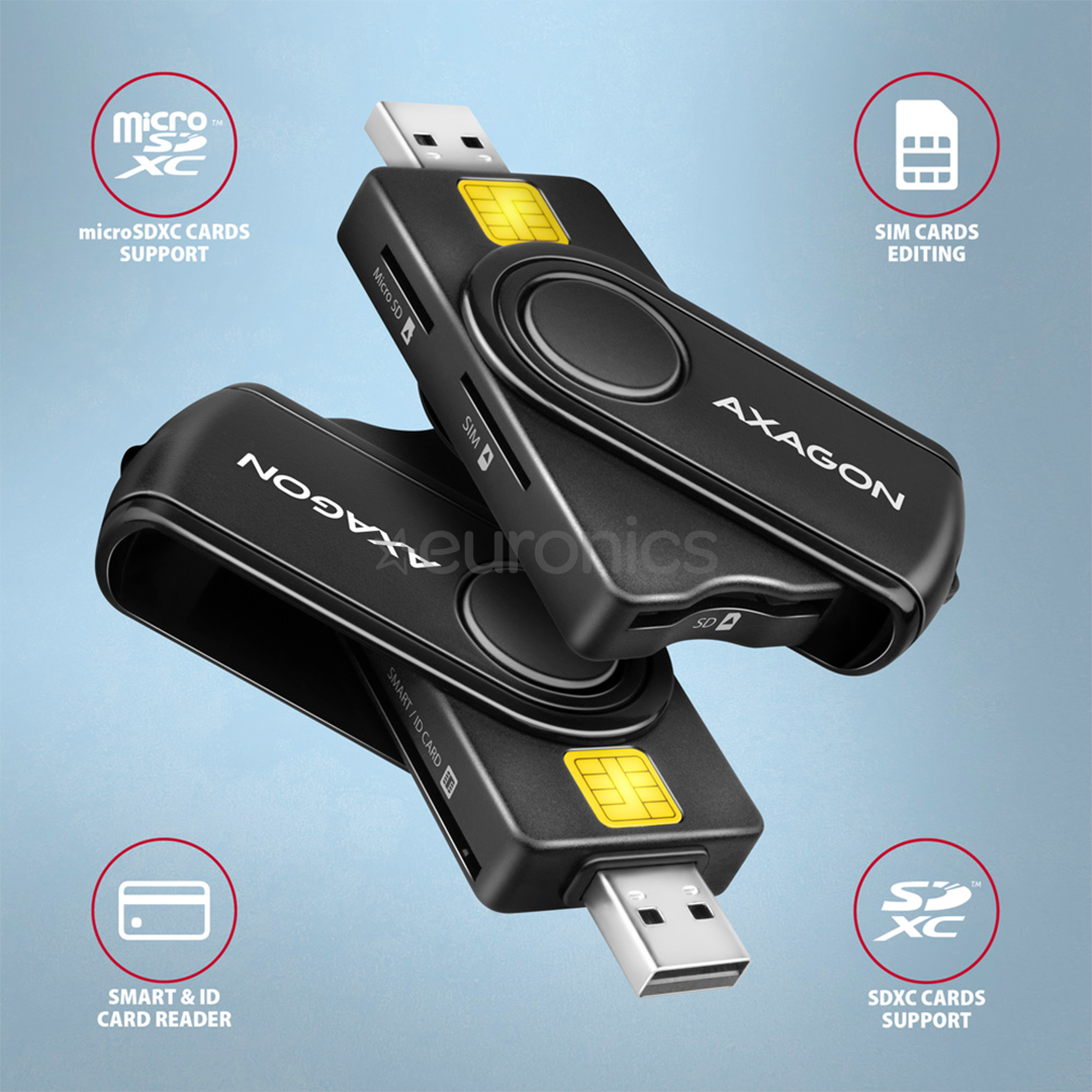 AXAGON CRE-SMP2A, USB-A, USB-C, memory card reader, black - Smart card reader