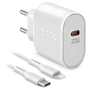 SBS, USB-C, Lightning, 20 W, white - Charger with cable TETRKITPD20LIGW