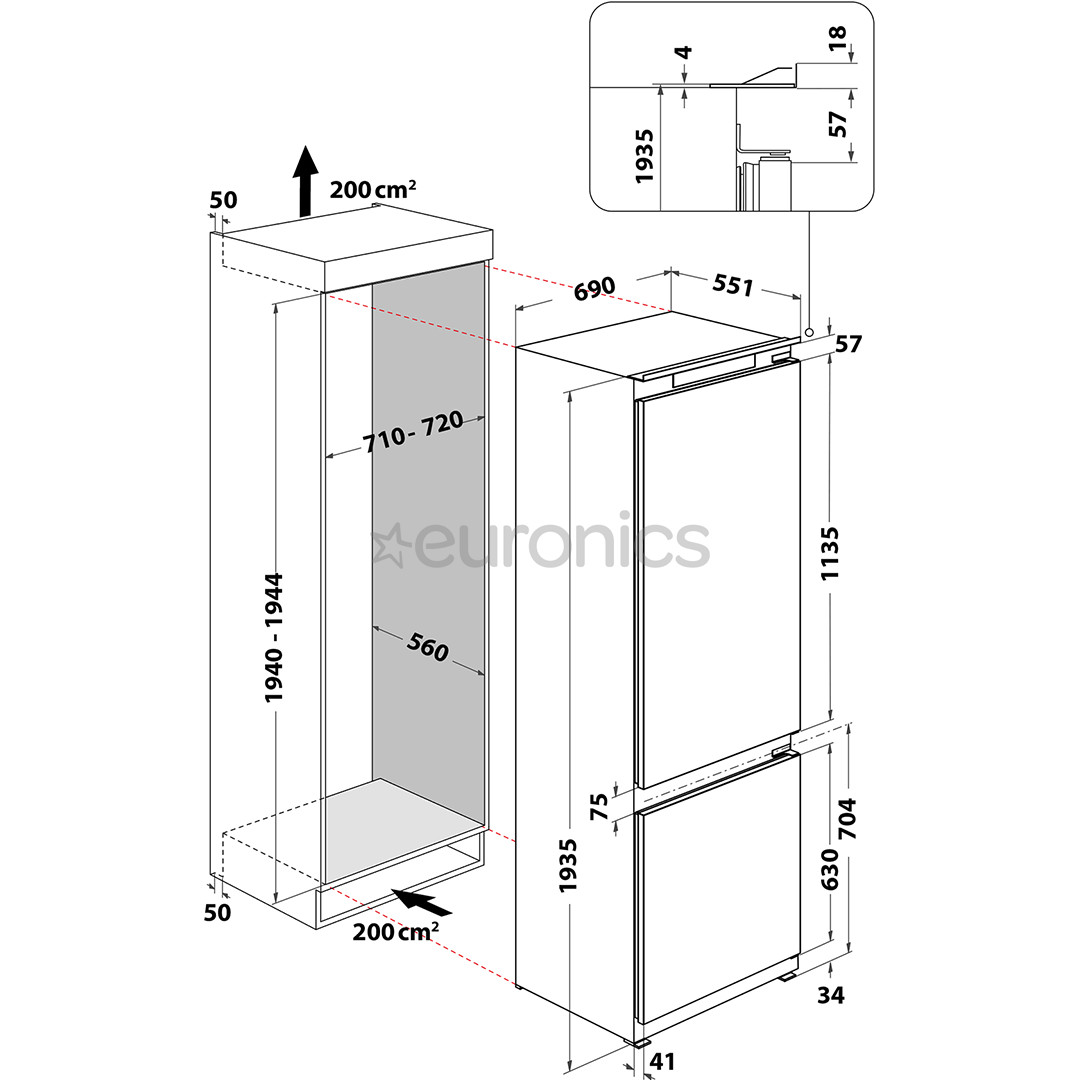 Whirlpool, NoFrost, 394 л, высота 194 см - Интегрируемый холодильник