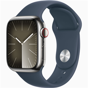 Apple Watch Series 9 GPS + Cellular, 41 мм, Sport Band, M/L, серебристая нержавеющая сталь/синий - Смарт-часы MRJ33ET/A