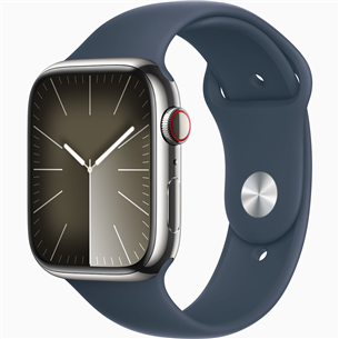Apple Watch Series 9 GPS + Cellular, 45 мм, Sport Band, M/L, серебристая нержавеющая сталь/синий - Смарт-часы MRMP3ET/A