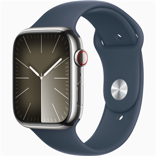 Apple Watch Series 9 GPS + Cellular, 45 мм, Sport Band, M/L, серебристая нержавеющая сталь/синий - Смарт-часы