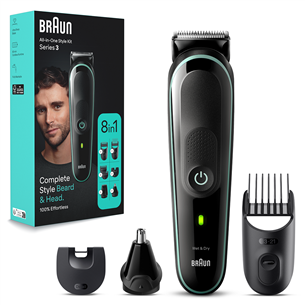 Braun Series 3, Wet & Dry, 8 в 1, черный/зеленый - Мультитриммеp