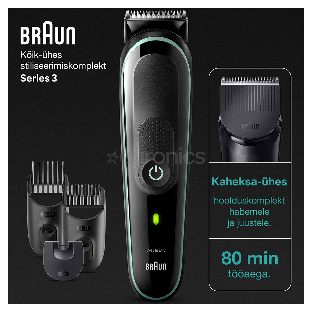 Braun Seeria 3, Wet & Dry, 8-ühes, must/roheline - Trimmeri komplekt