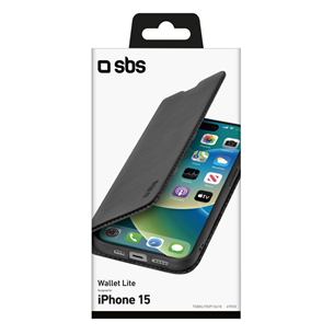 SBS Book Wallet Lite Case, iPhone 15, must - Nutitelefoni kaaned