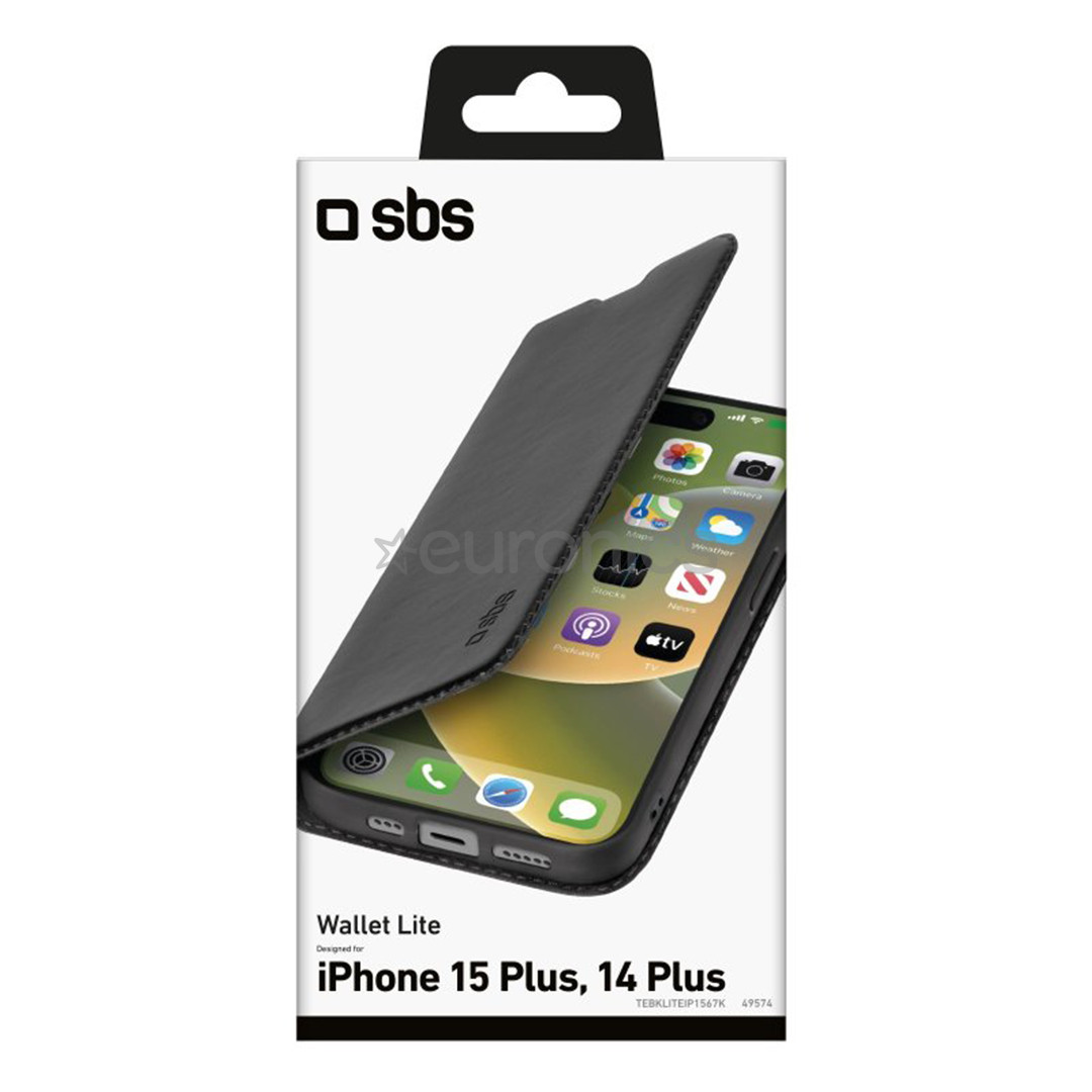 SBS Book Wallet Lite Case, iPhone 15 Plus, must - Nutitelefoni kaaned