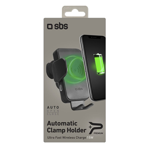 SBS Mobile Clamp, 15 W, must - Juhtmevaba laadija / telefonihoidja autosse