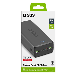 SBS Ultra Fast, 30 000 мАч, USB-A, USB-C, черный - Внешний аккумулятор