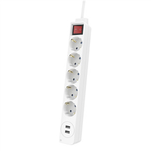Hama Power Strip, 5-pesa, 2x USB-A, 17 W, 1.4 m, valge - Pikendusjuhe