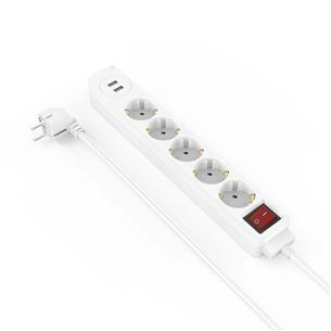 Hama Power Strip, 5-pesa, 2x USB-A, 17 W, 1.4 m, valge - Pikendusjuhe