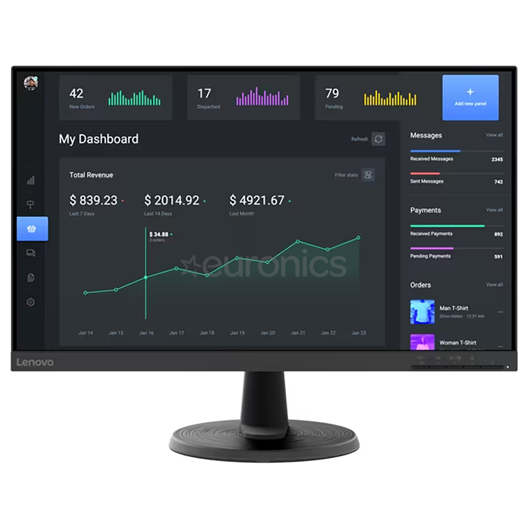 Lenovo D24-40, 24'', FHD, LED VA, 75 Гц, черный - Монитор