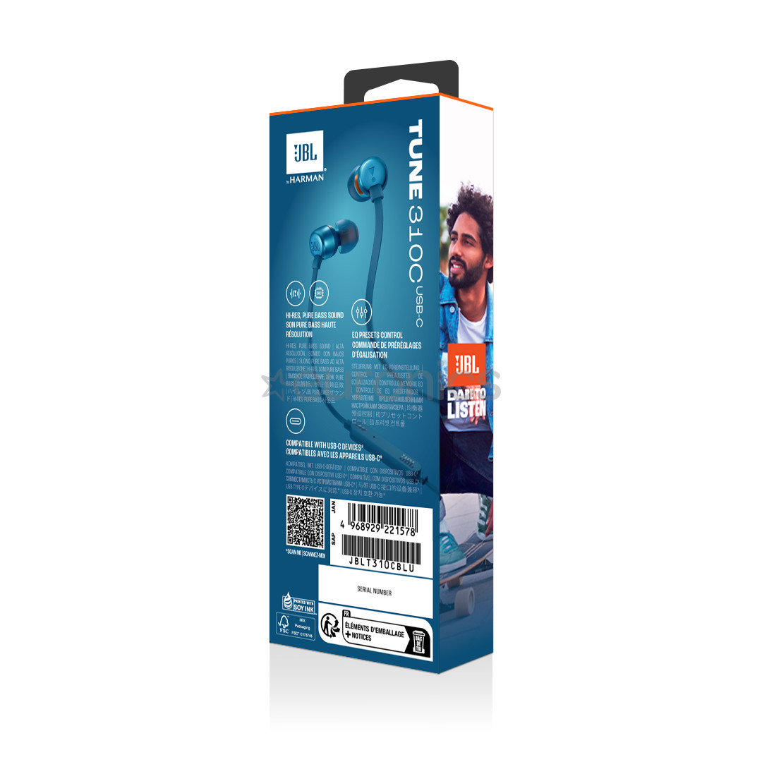 JBL Tune 310C USB-C, внутриканальные, синий - Проводные наушники