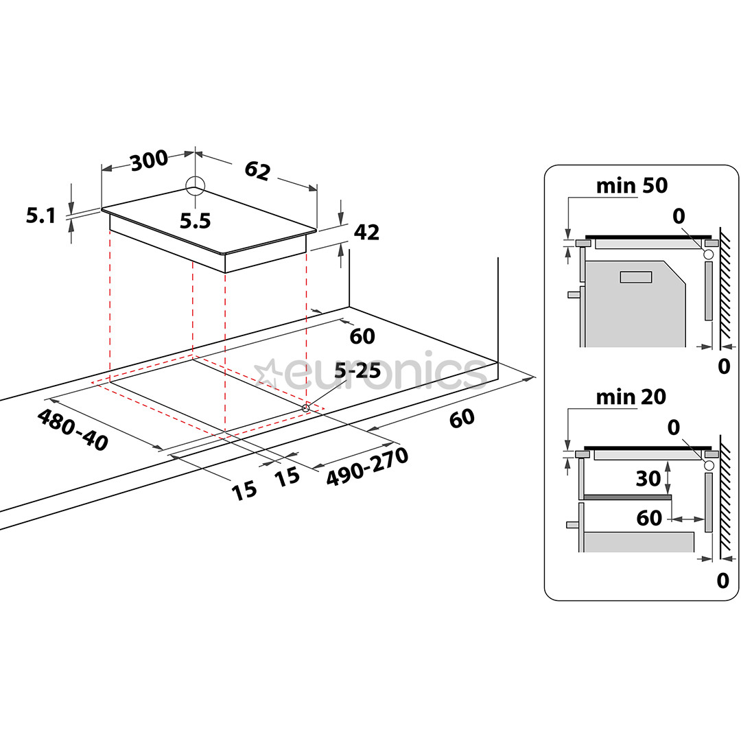 Whirlpool, domino, laius 30 cm, must - Integreeritav keraamiline pliidiplaat