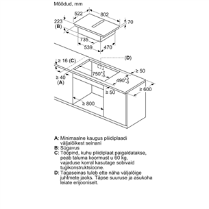Bosch, Seeria 6, laius 80 cm, raamita, must - Integreeritav induktsioonpliidiplaat õhupuhastiga