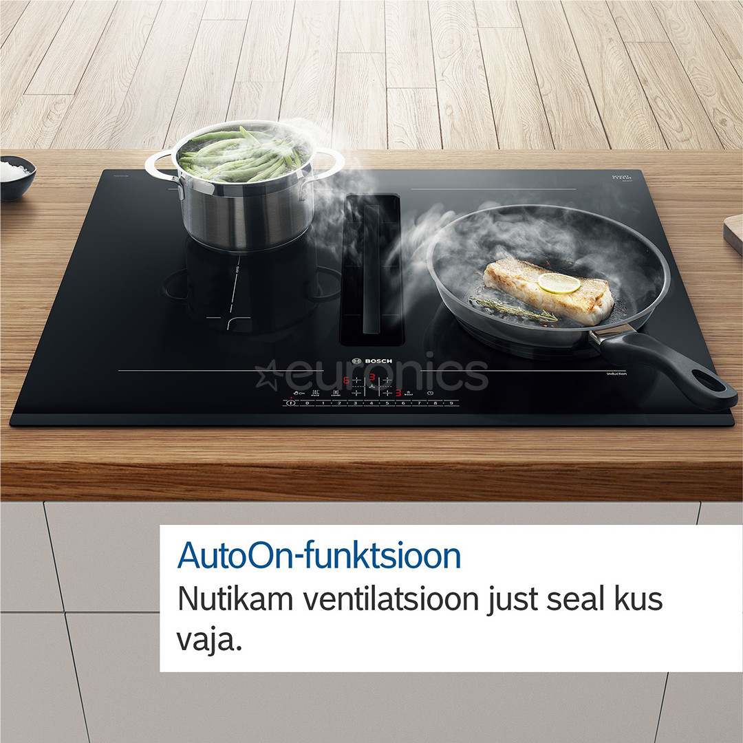 Bosch, Series 6, ширина 80 см, без рамы, черный - Интегрируемая индукционная варочная панель с вытяжкой