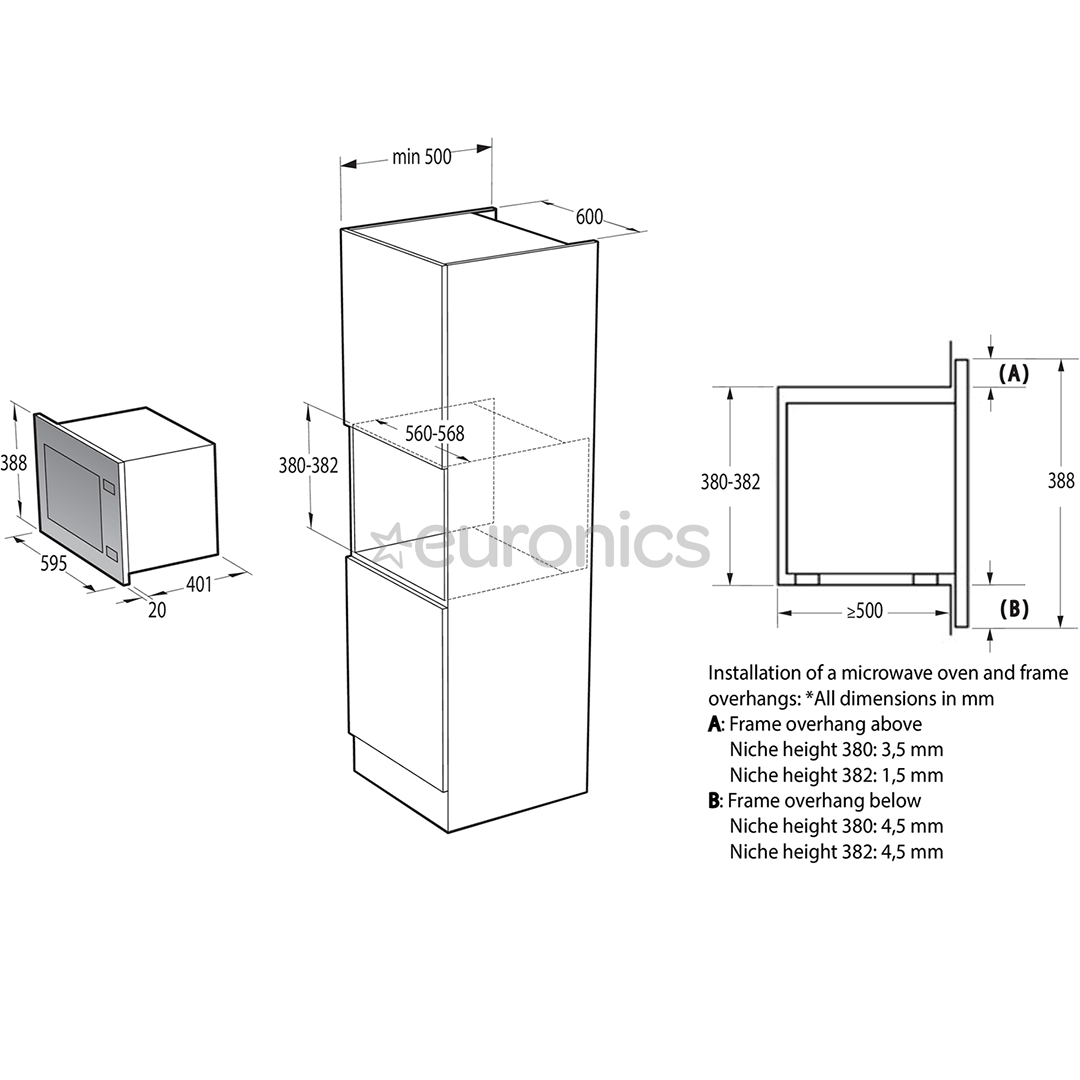 Gorenje, 25 L, 900 W, valge - Integreeritav mikrolaineahi grilliga
