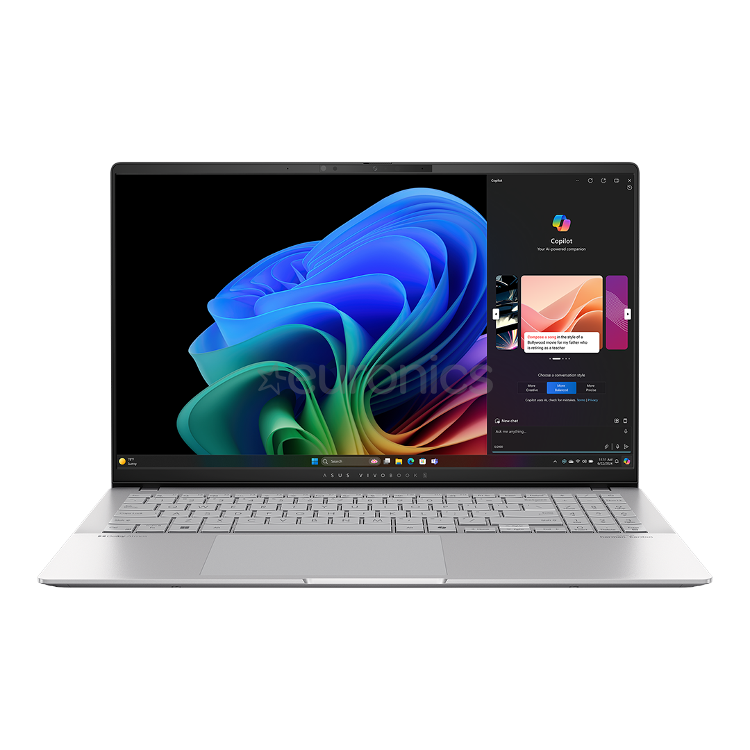 Asus Vivobook S 15 OLED, 15,6'', 120 Гц, OLED, 3K, X Elite, 32 ГБ, 1 ТБ, Copilot+, серебристый - Ноутбук
