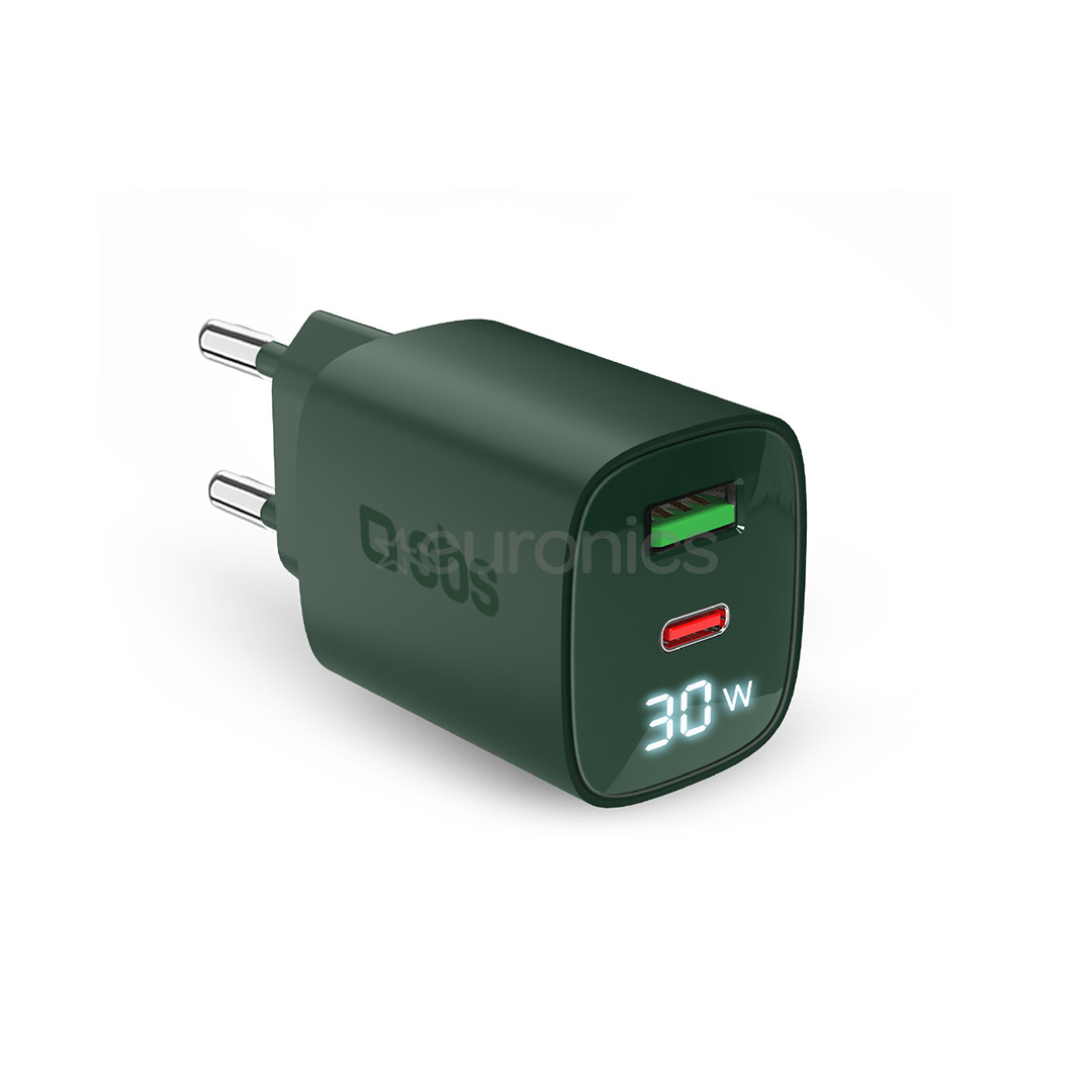 SBS LCD Wall Charger, USB-A, USB-C, LCD, 30 W, green - Wall charger