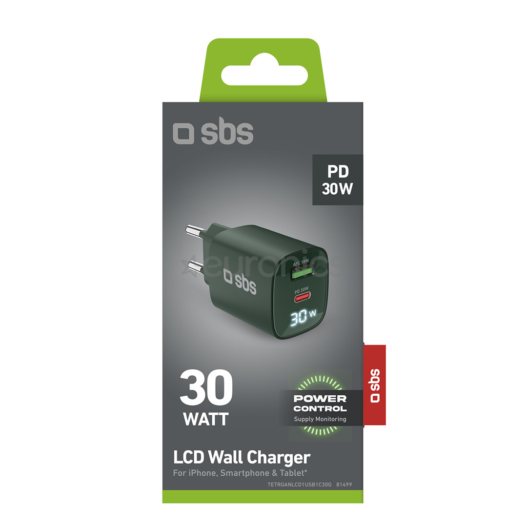 SBS LCD Wall Charger, USB-A, USB-C, LCD, 30 W, green - Wall charger