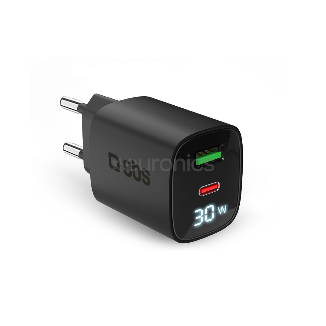 SBS LCD Wall Charger, USB-A, USB-C, LCD, 30 W, must - Laadija