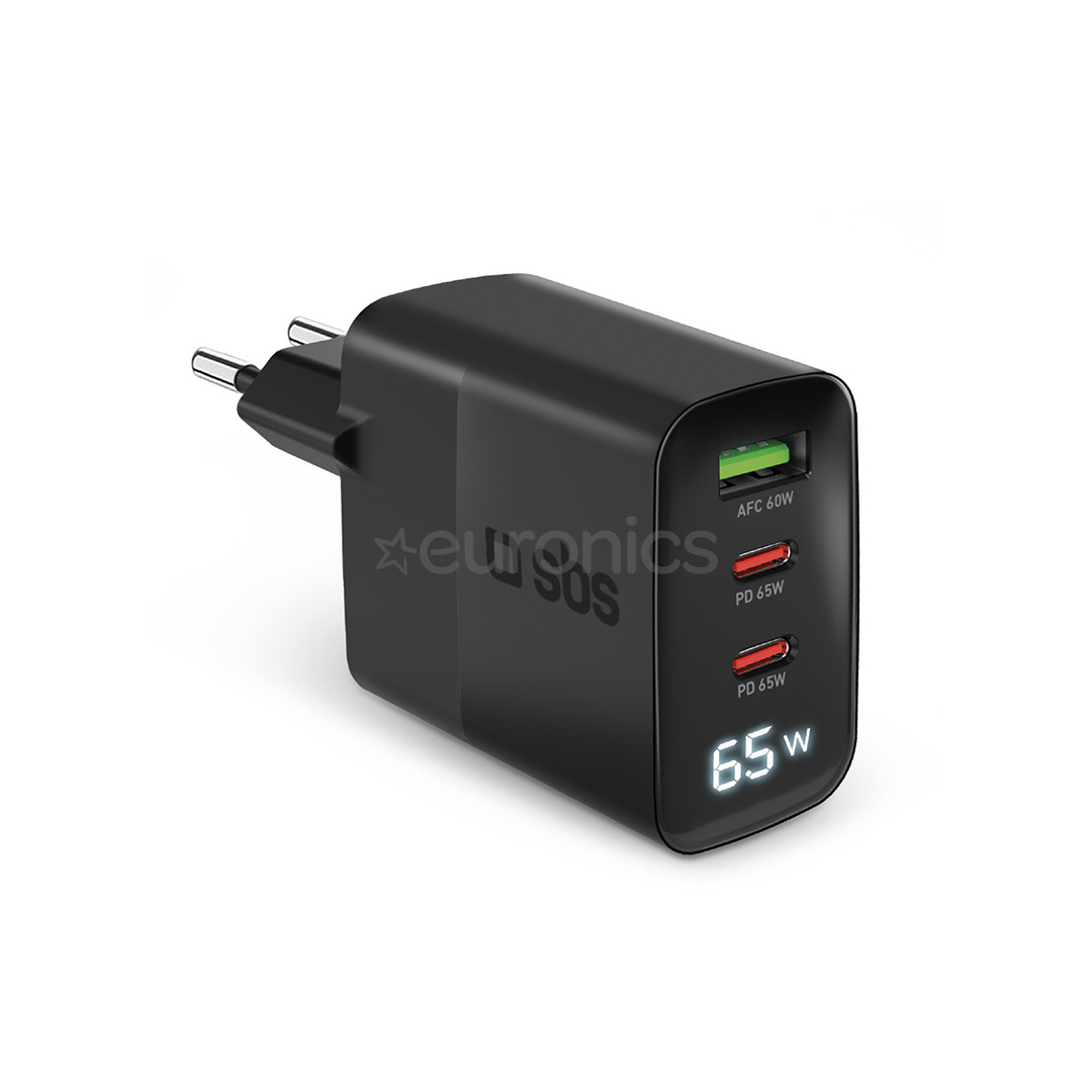 SBS LCD Wall Charger, USB-A, 2x USB-C, LCD, 65 W, black - Wall charger