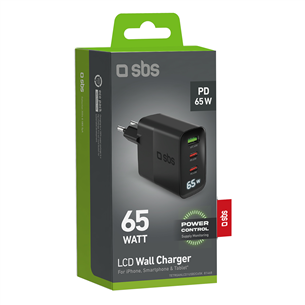 SBS LCD Wall Charger, USB-A, 2x USB-C, LCD, 65 W, must - Laadija