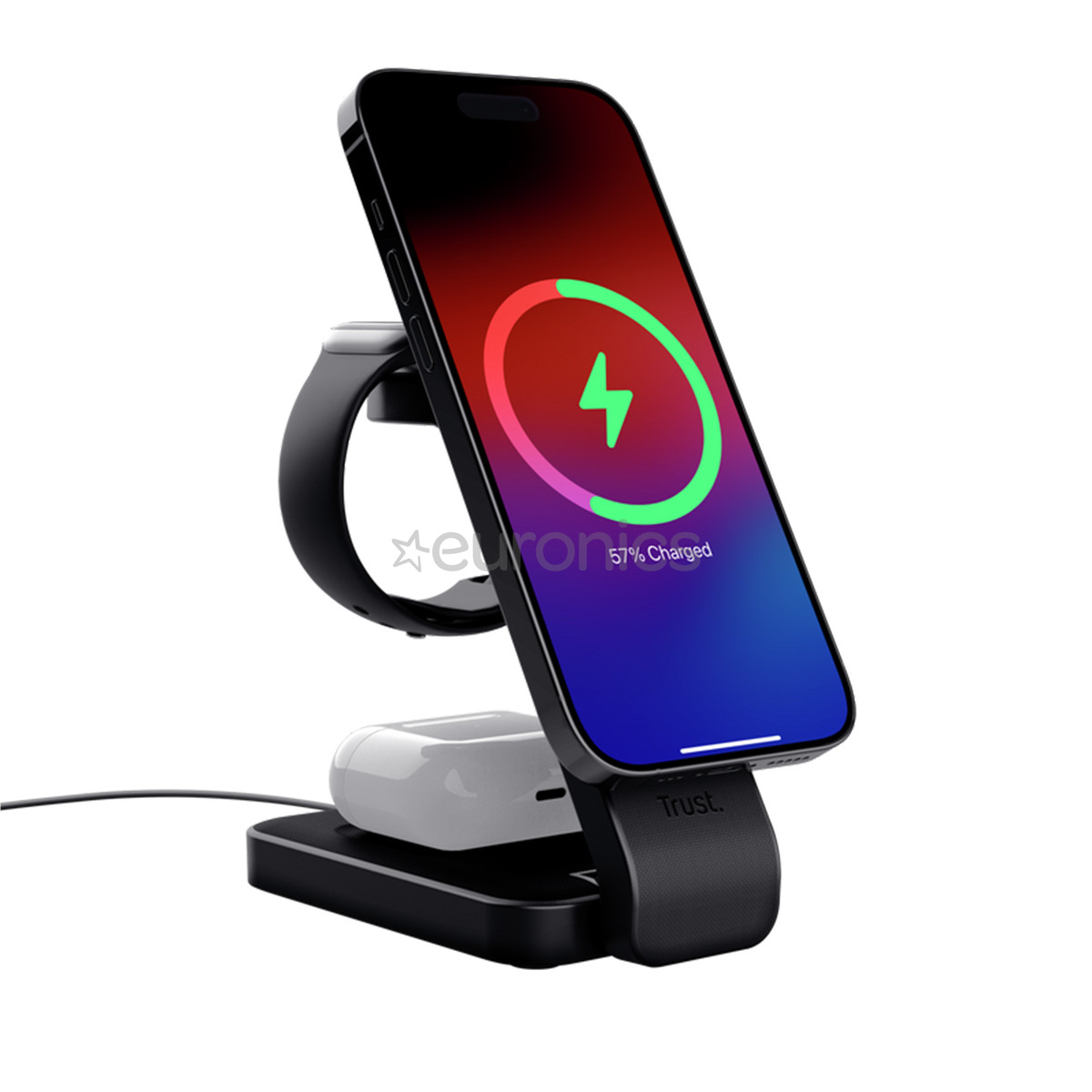 Trust Viro 3-in-1 Wireless Magnetic Charge Stand, Qi, must - Juhtmevaba laadimisdokk
