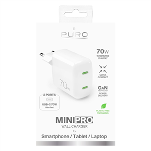 Puro MiniPro GaN Wall Charger, USB-C, 70W, valge - Laadija