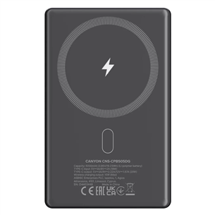 Canyon OnCharge 505 Slim Magsafe, 5000 mAh, juhtmevaba laadimine, USB-C, tumehall - Akupank
