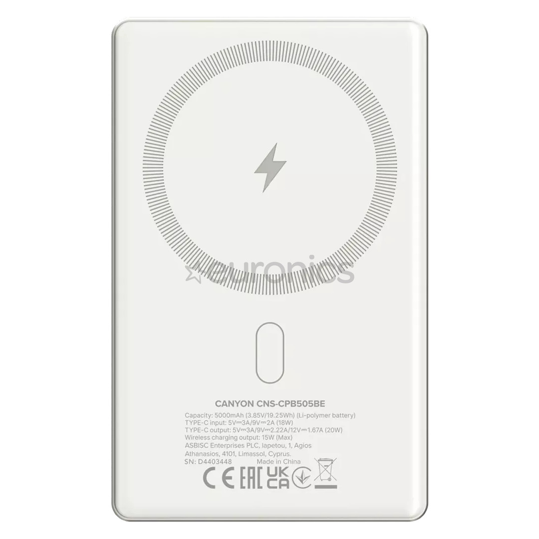Canyon OnCharge 505 Slim Magsafe, 5000 mAh, juhtmevaba laadimine, USB-C, beež - Akupank