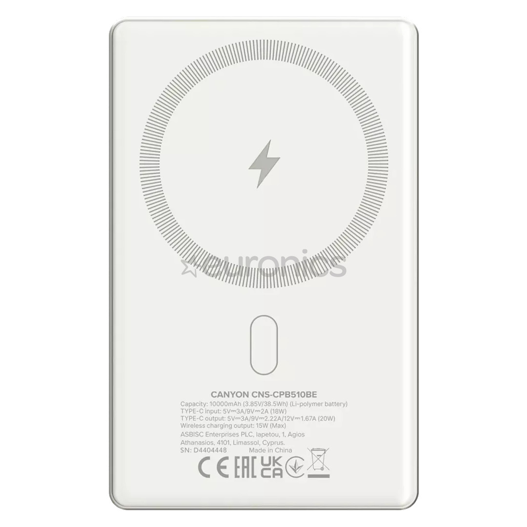 Canyon OnCharge 510 Slim Magsafe, 10000 mAh, wireless charging, USB-C, beige - Powerbank