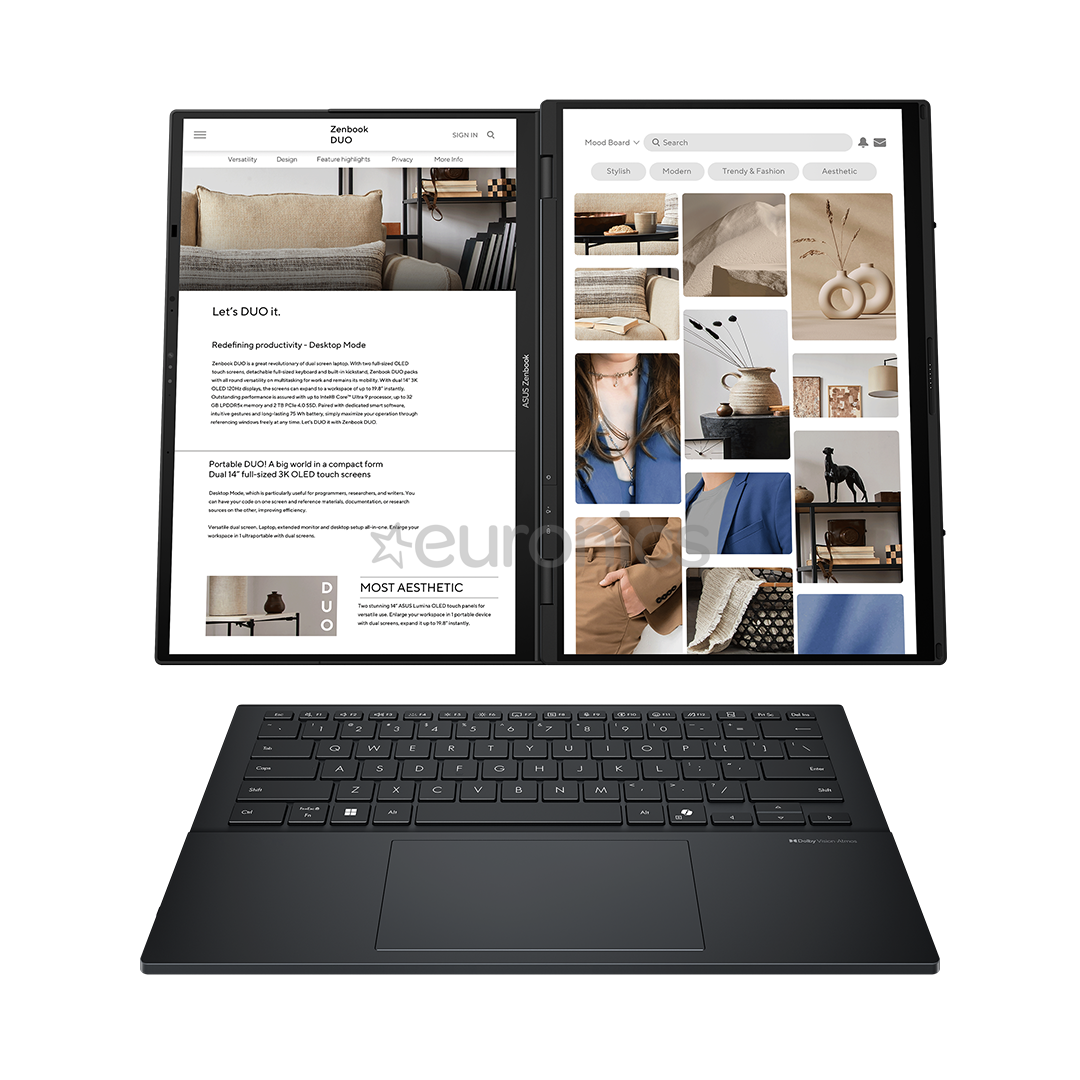 Asus Zenbook Duo OLED, 14'', 3K, OLED, 120 Гц, Ultra 9, 32 ГБ, 2 ТБ, ENG, темно-серый - Ноутбук