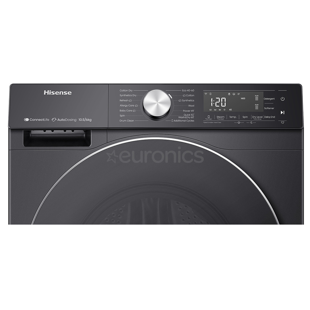 Hisense, 10.5 kg / 6 kg, depth 59 cm, 1400 rpm, black - Washer-dryer combo