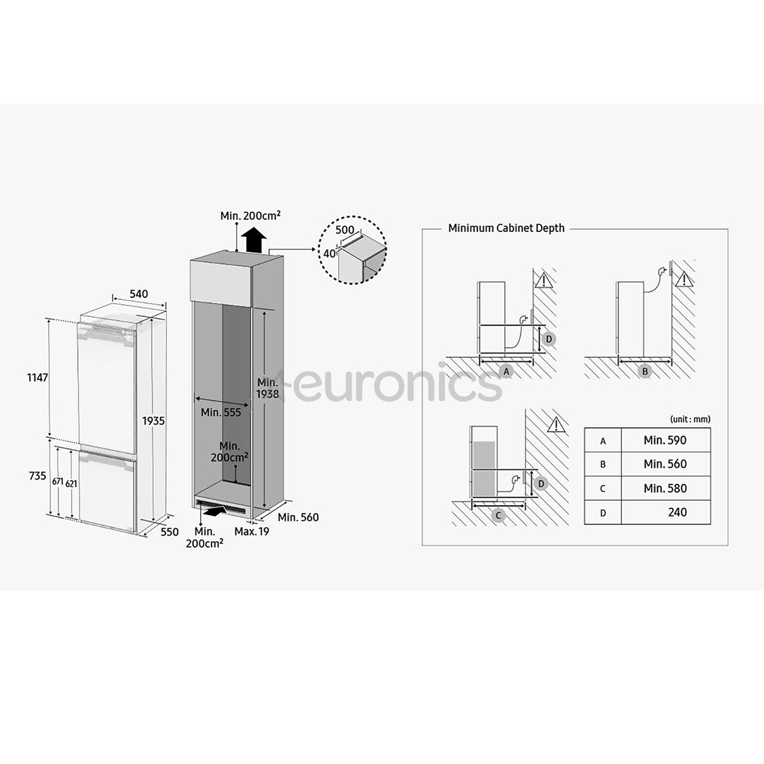 Samsung, NoFrost, 298 L, 194 cm - Built-in refrigerator