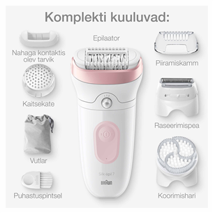 Braun Silk epil 7, märg- ja kuivkasutus, valge/roosa - Epilaator