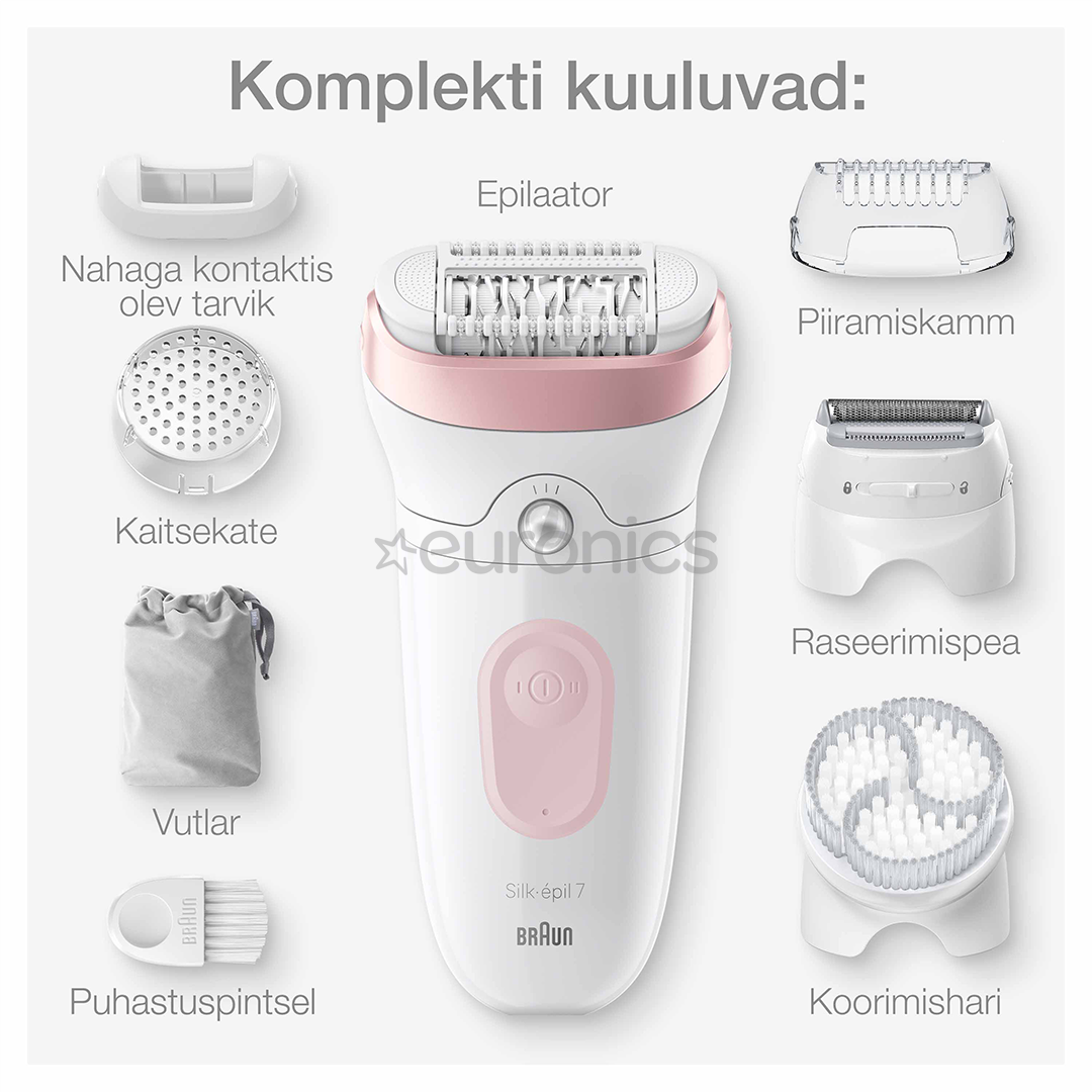 Braun Silk epil 7, märg- ja kuivkasutus, valge/roosa - Epilaator