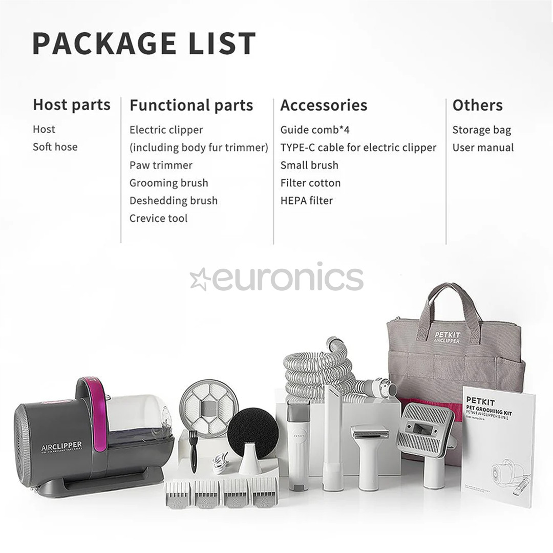 Petkit FurWaker 5-ühes (AirClipper), vaakumfunktsioon, valge/hall - Lemmikloomade hoolduskomplekt