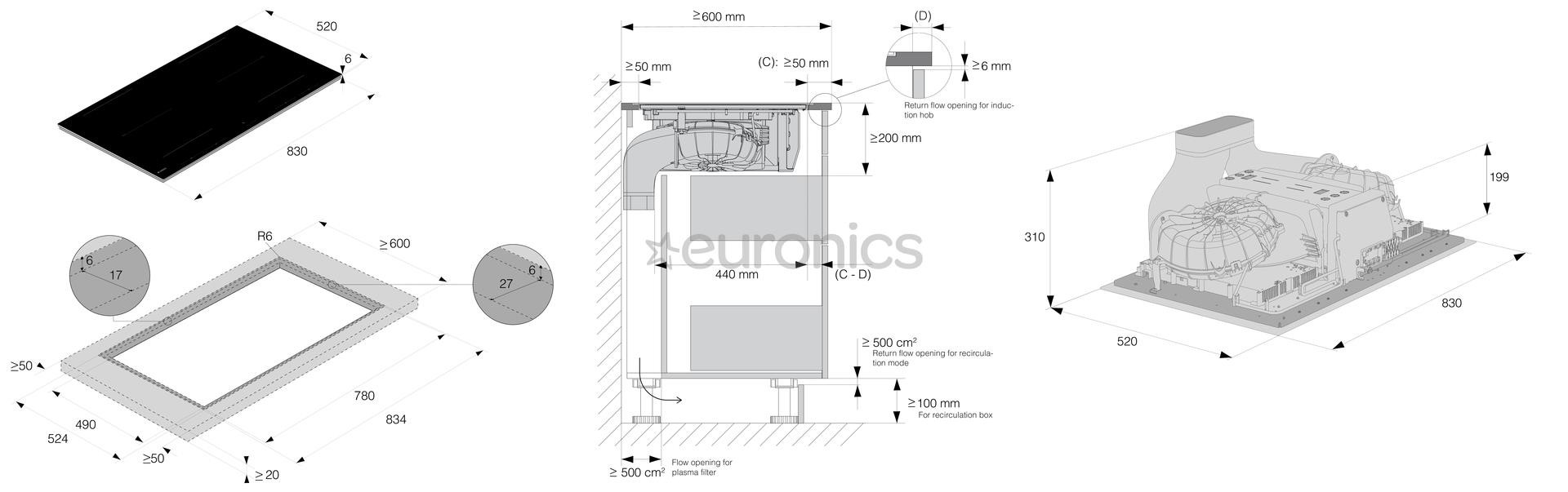 Asko, ширина 83 см, черный - Интегрируемая индукционная варочная панель с вытяжкой