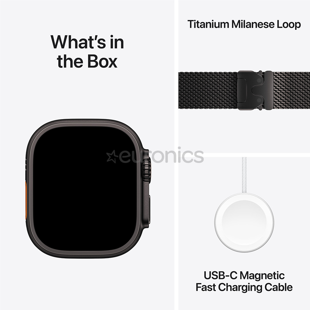 Apple Watch Ultra 3, 49 мм, Titanium Milanese Loop, Large, черный титан / черный - Смарт-часы