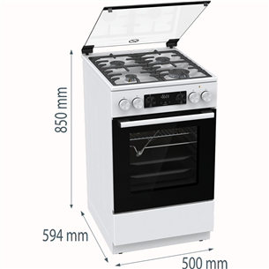 Gorenje, 70 L, laius 50 cm, valge - Gaasipliit elektriahjuga