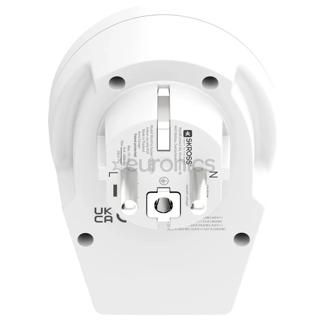 Skross World to Europe, USB-A, USB-C, white - Travel adapter