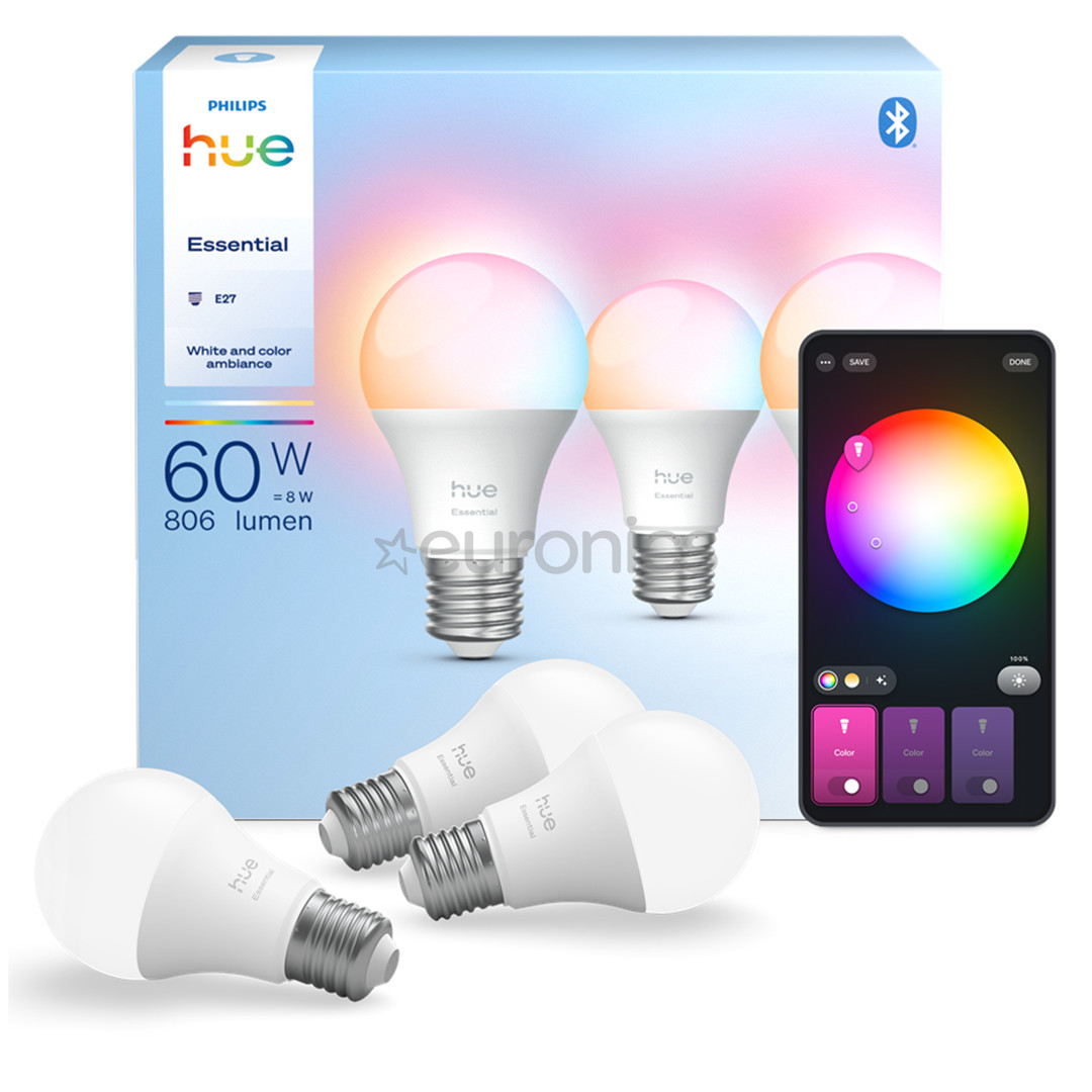 Philips Hue Essential A60, Full Color, E27, 3 tk, valge - Nutivalgusti