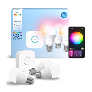 Philips Hue Essential Starter Kit, A60 + Hue Bridge, Full Color, E27, 3 tk, valge - Nutivalgusti
