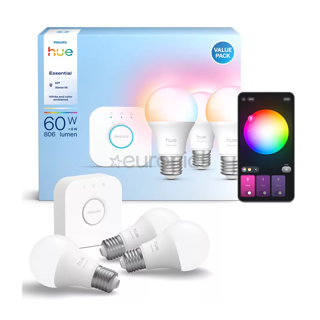 Philips Hue Essential Starter Kit, A60 + Hue Bridge, Full Color, E27, 3 шт., белый - Умные лампы