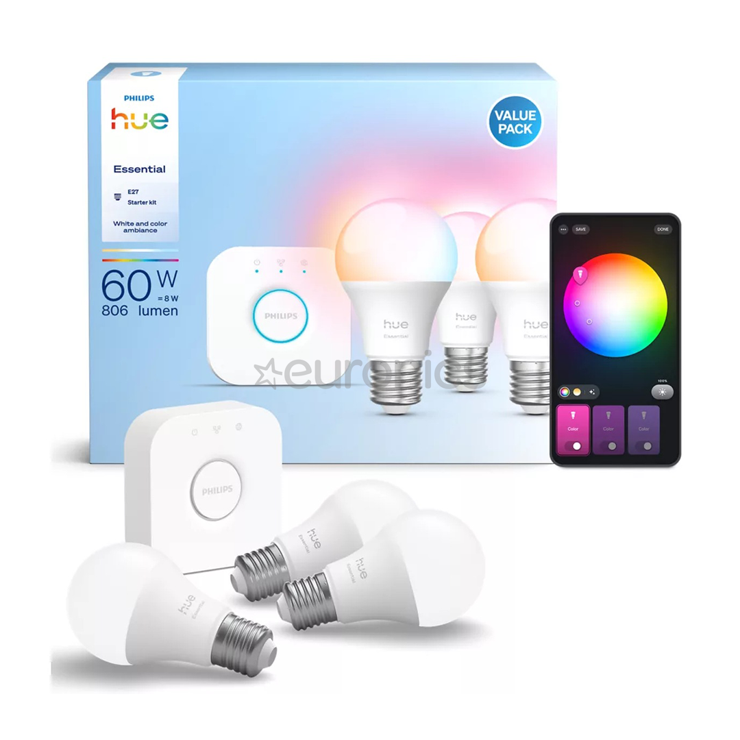 Philips Hue Essential Starter Kit, A60 + Hue Bridge, Full Color, E27, 3 tk, valge - Nutivalgusti